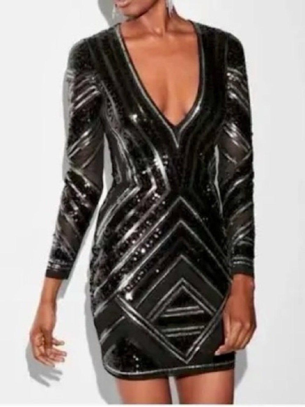 NEW NWT Express SMALL Black Silver Sequin Deep V-Neck Long Sleeve Mini Dress